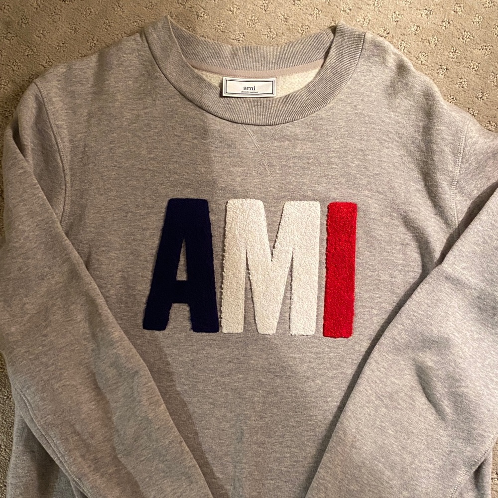 Ami Grey Crewneck with Navy White Red Logo